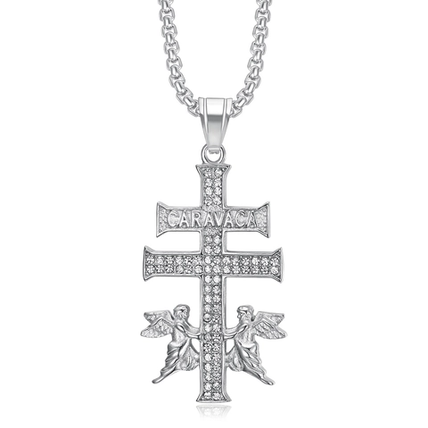 Collana Con Pendente Croce Di Caravaca Hip Hop Ali D'Angelo Iced Out Placcato Oro Acciaio Inossidabile Gioielli Religiosi Uomo Donna