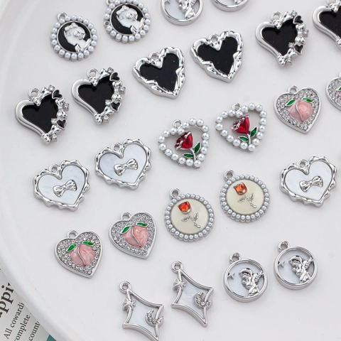 Alloy Enamel Charms Pendants With Faux Artificial Pearl Rhinestone For DIY Necklace Bracelet Making Vintage Heart Star Tulip