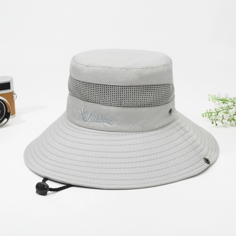 Men Outdoor Sun Protection Bucket Hat Breathable Mesh Wide Brim Fisherman Hat With Adjustable Chin Strap Windproof