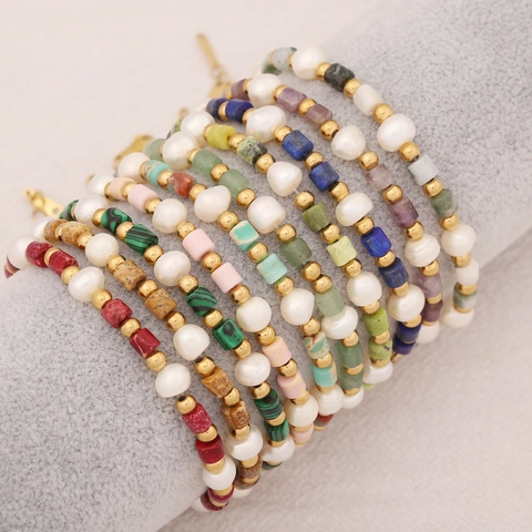 Pulsera De Cuentas Bohemia Hecha A Mano Con Piedra Natural Perla Artificial De Agua Dulce Y Cadena Ajustable De Acero Inoxidable