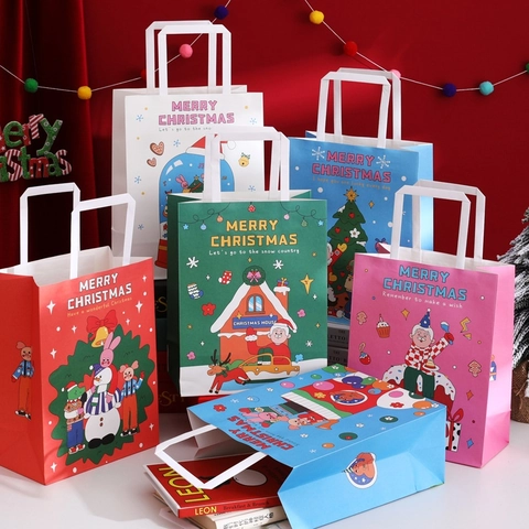 Bolsas De Regalo De Navidad De Papel Kraft Blanco Con Asa Dibujos Animados Papá Noel Muñeco De Nieve Alce Paquete
