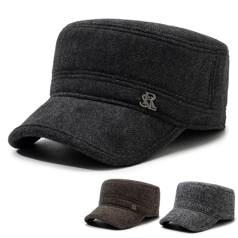 Gorra Militar Plana Hombre Con Orejeras Gorro Invierno Cálido Lana Vintage Ajustable Color Sólido