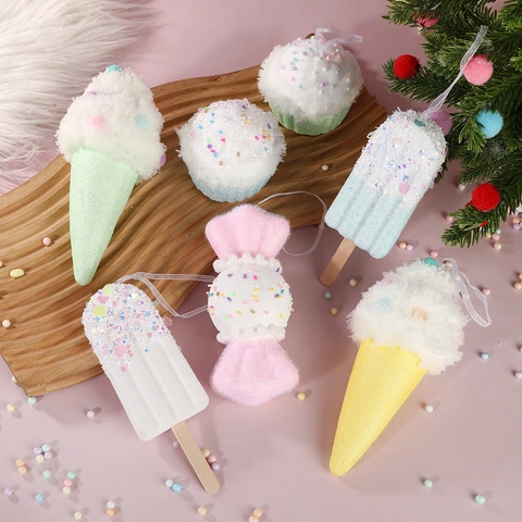 Christmas Tree Hanging Ornaments Foam Glitter Dessert Shapes Macaron Color Ice Cream Cake Candy Holiday Party Decor
