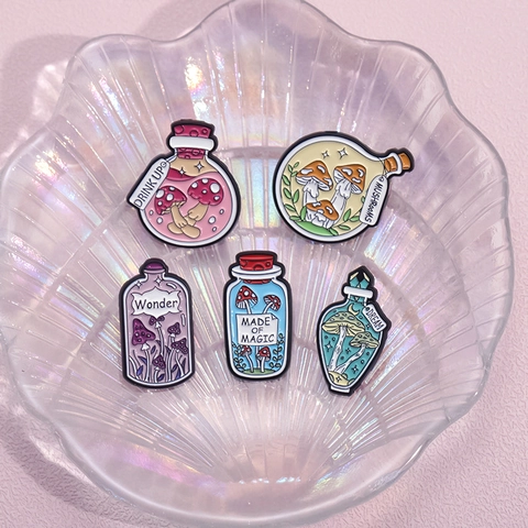 Cartoon Mushroom Magic Potion Bottle Enamel Brooch Pin Alloy Drip Oil Lapel Pin Creative Forest Style Badge For Clothes Bags Jewelry Gift