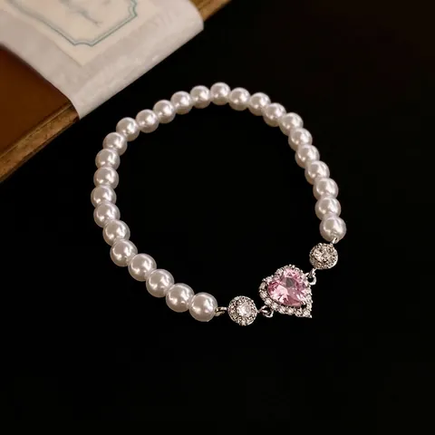 Pulsera De Perlas Artificiales Para Mujer Con Colgante De Corazón De Circón Rosa Cadena Elástica De Cobre Joyas Elegantes Románticas