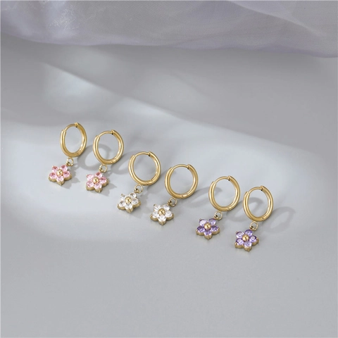 Blumen Anhänger Creolen Titanstahl Zirkonia Floral Hängend Luxus Süß Modeschmuck Für Damen