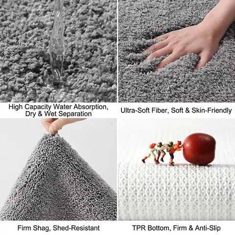 Bathroom Bath Mat Microfiber Water Absorbent Non-Slip TPR Backing Thick Plush Rug For Tub Sink Shower Washable