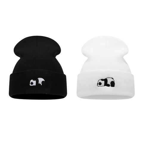 Cute Panda Embroidered Knitted Beanie Winter Warm Soft Ribbed Beanie Hat For Women Men Outdoor Skiing Cuff Cap Unisex Headwear