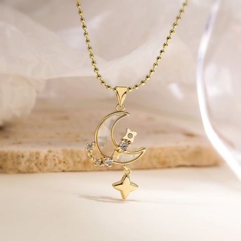 Collier Pendentif Étoile Croissant De Lune Cuivre Zircon Nacre Chaîne Clavicule Bijoux De Mode Pour Femmes