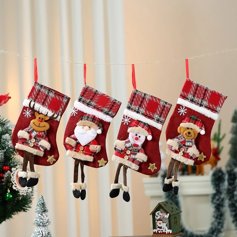 Calze Di Natale Tessuto Scozzese 3D Babbo Natale Pupazzo Di Neve Renna Orso Peluche Ornamento Da Appendere Regalo