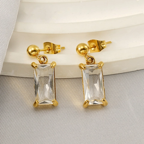 Rectangular Cubic Zirconia Stud Earrings 18K Gold Plated Stainless Steel Geometric Jewelry For Women