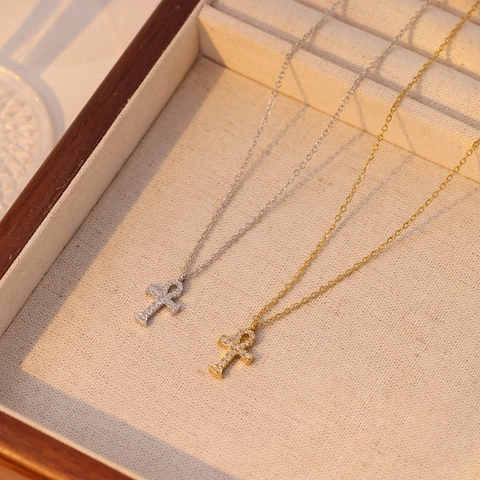 Stainless Steel Ankh Cross Pendant Necklace For Women Inlaid Rhinestone Gold Silver Plated Religious Fashion Jewelry Gift