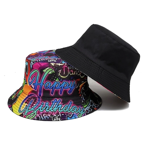 Bucket Hat Polyester Reversible Sun Protection Outdoor Street Graffiti Happy Birthday Letter Print For Women
