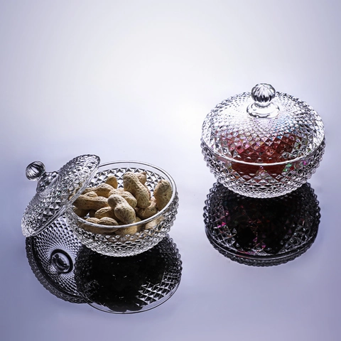 Glass Candy Jar With Lid Embossed Diamond Texture Crystal Style Jewelry Storage Box Desktop Decorative Organizer For Home Party
