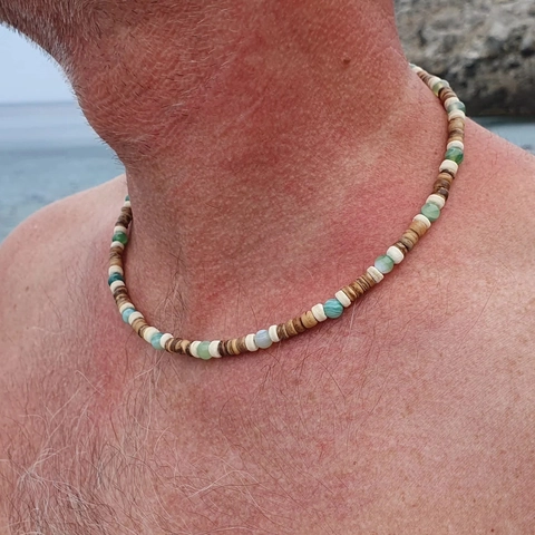 Collana Perline Uomo Guscio Di Cocco Amazzonite Turchese Bianco Ematite Stile Surfista Gioielli Spiaggia Regolabile