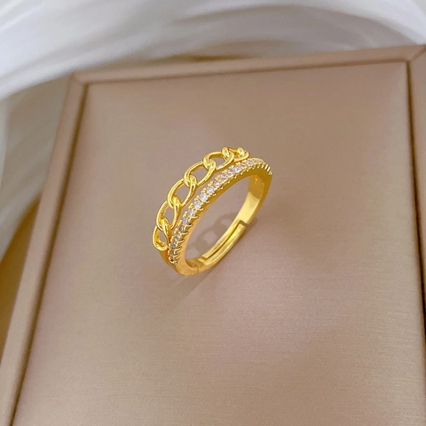 Anillo Aperto Doppio Strato In Rame Placcato Oro Design A Catena Micro Pavé Zirconia Gioielli Minimalisti Regolabili