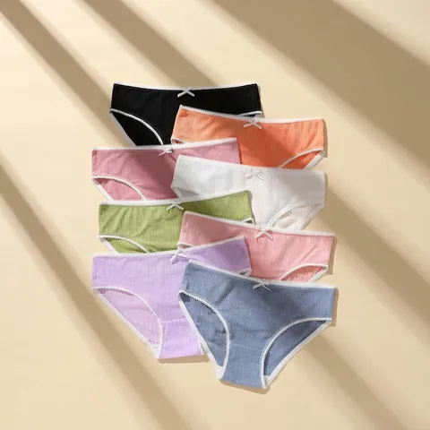 Women Low Waist Panties Ribbed Polyester Fabric Lace Trim Bow Decoration Comfortable Breathable Solid Color Briefs