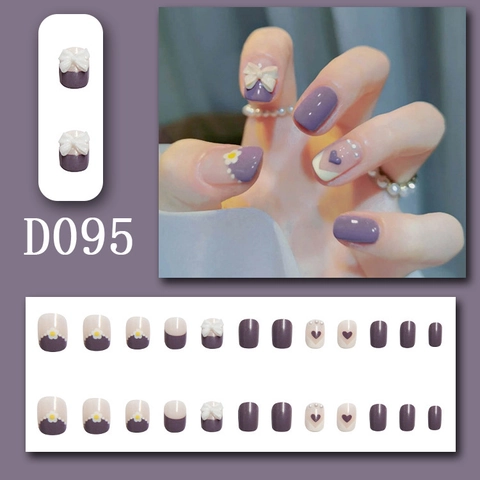 Purple White Press On Nails French Style Sweet Daisy Flower Heart Bow Design Square Short Fake Nails For Women
