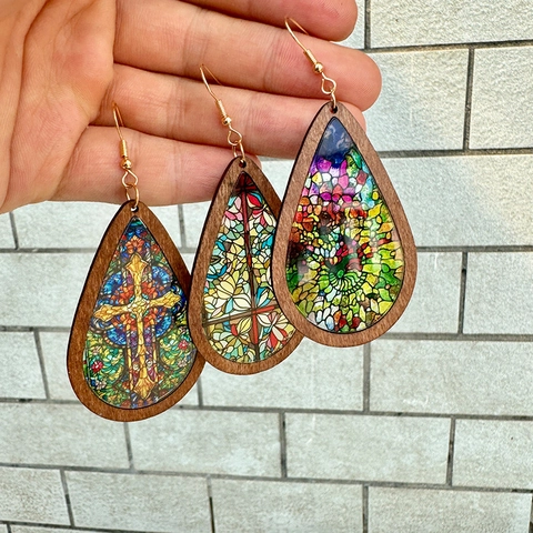 Druppel Oorbellen Hout Acryl Glas In Lood Kathedraal Stijl Vintage Kleurrijke Sieraden Voor Vrouwen Retro Etnische Accessoires