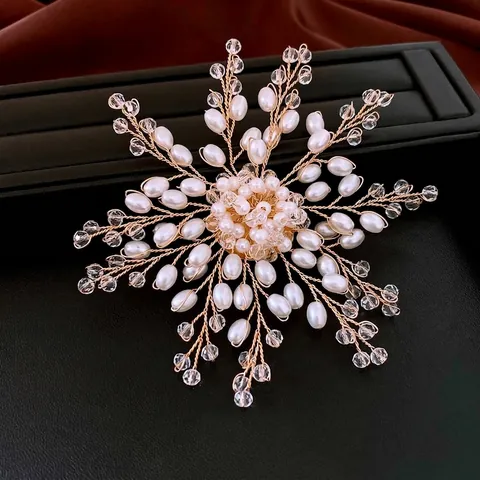 Handgefertigte Gewebte Blumen Künstliche Perlen Brosche Elegante Kupferdraht Kristall Blumen Corsage Hochzeit Schmuck Für Damen