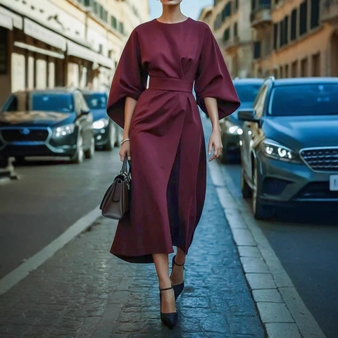 Women Elegant Maxi Dress Round Neck Lantern Sleeve Solid Color Waist Tie Belt Casual Commute Fashion Polyester