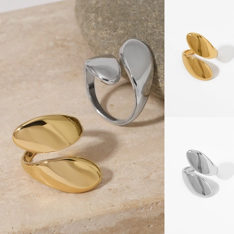 Minimalist Teardrop Bypass Open Ring For Women 316 Stainless Steel High Polish Adjustable Geometric Jewelry