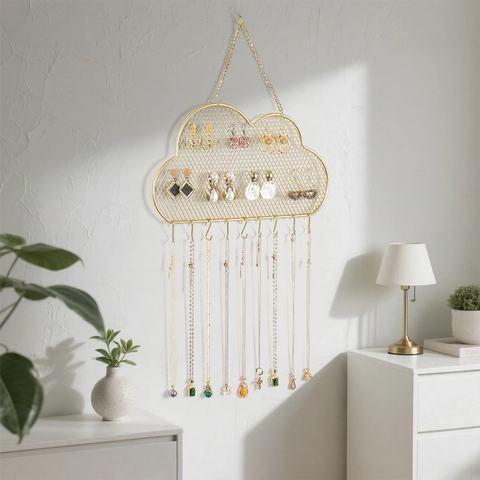 Cloud Shaped Jewelry Display Rack Wall Mounted Iron Metal Mesh Earring Necklace Organizer Golden Nordic Style Holder