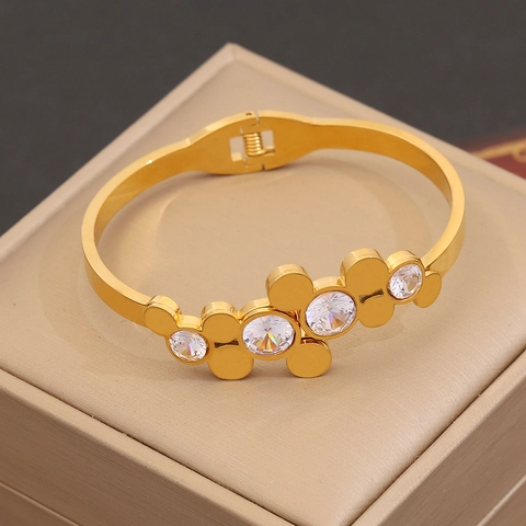 Fashion Bangle Stainless Steel Gold Plated Butterfly Flower Heart Zircon Hinged Cuff Bracelet Women Elegant Jewelry