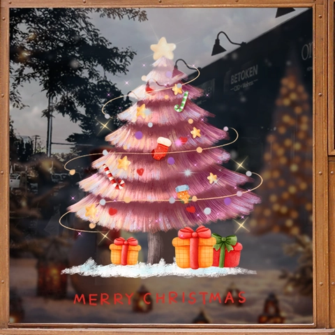 Weihnachts Fensteraufkleber Rosa Baum Statisch PVC Abnehmbar Ohne Kleber Feiertag Heimdeko Doppelseitig