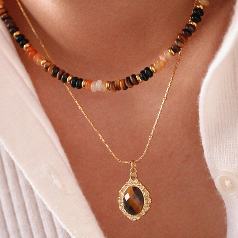 Collar Con Colgante De Ojo De Tigre Vintage Francés Y Collares De Cuentas De Piedra Natural Acero Inoxidable Para Mujeres