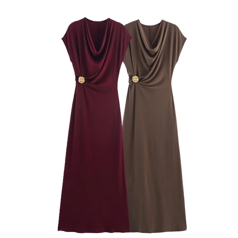 Elegant Sleeveless Cowl Neck Ruched Maxi Dress For Women Polyester Drape Solid Color With Gold Buckle Waist Detail