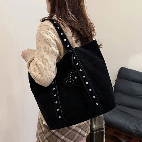 Large Capacity Suede Tote Bag Frosted Leather Shoulder Bag With Rivet Decor And Heart Charm For Women Daily Commute