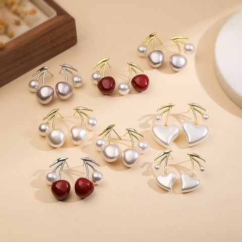 Elegant Copper Cherry Stud Earrings For Women Fruit Shape Artificial Pearl Heart Gold Silver Plated Fashion Jewelry Gift