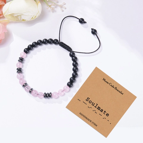 Soulmate Morse Code Bracelet Handmade Natural Pink Crystal Matte Black Stone Adjustable Woven Rope For Couples Lovers
