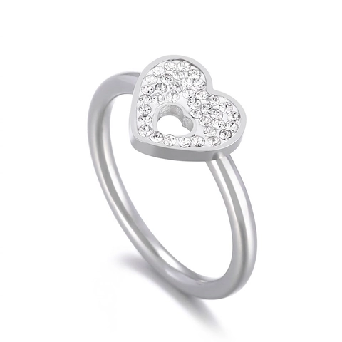 Anello Cuore Cavo Acciaio Inossidabile 316L Micro Pavé Strass Dolce Semplice Gioielli Per Donne Tono Argento Eleganza