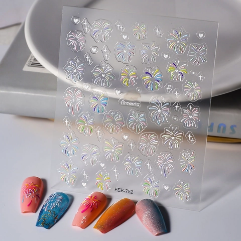 5D Embossed Fireworks Nail Art Stickers Colorful Relief Self Adhesive Manicure Decoration For Women DIY Salon