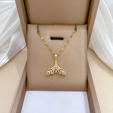 Fishtail Pendant Necklace Stainless Steel Chain With Zircon Inlaid Copper Mermaid Tail Gold Tone Jewelry For Women