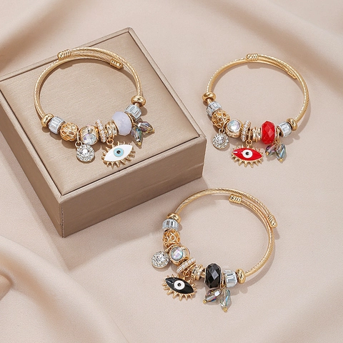 Bracelet Jonc Ouvert Evil Eye Acier Inoxydable Alliage Strass Email Bohème Bijoux De Chance Pour Femme