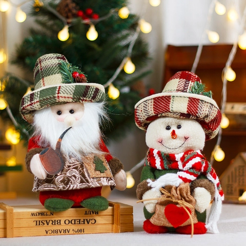 Christmas Plush Doll Decoration Santa Claus Snowman Plaid Hat Knit Fabric Desktop Ornament Festive Holiday Vintage Style