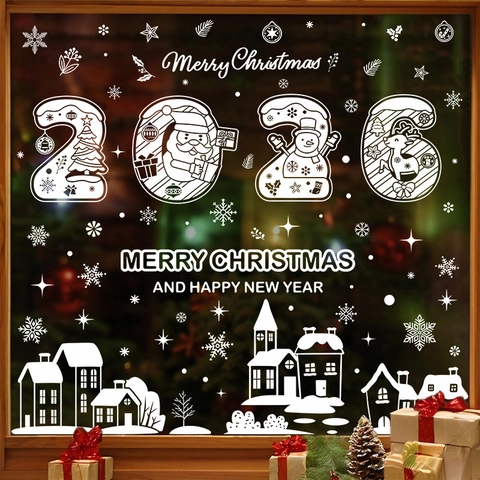 Christmas Window Stickers PVC Static Cling Snowflake Santa Reindeer 2026 New Year Glass Decals Winter Festive Home Decor
