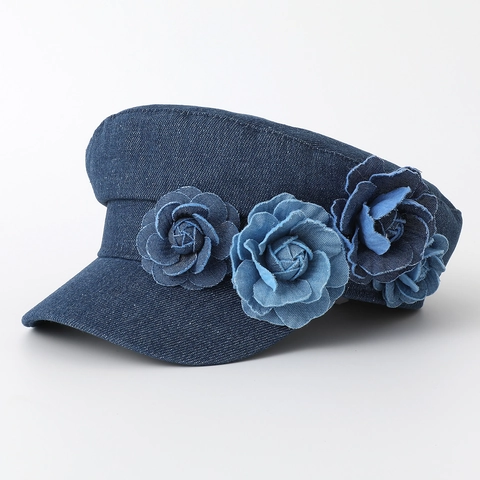 Denim Beret Hat With Handmade Flower Decor Cotton Blend Breathable Retro Newsboy Cap For Women