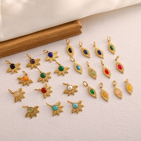 Dijes De Acero Inoxidable Con Piedra Natural Vintage Colgantes Chapados En Oro Forma Flor Hoja Para Accesorios Joyería DIY