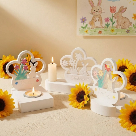 Easter Bunny Silicone Mold For Resin Plaster Candle Holder Desktop Decoration Flower Pattern Rabbit Design
