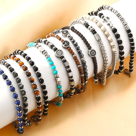 Natural Obsidian Tiger Eye Turquoise Beaded Bracelet Stainless Steel Nautical Anchor Rudder Charm Unisex Jewelry Gift