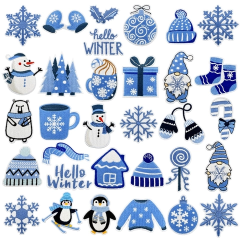 Écussons Brodés Thème Hiver Noël Bleu Blanc Flocon De Neige Bonhomme De Neige Applique En Tissu À Repasser Décor De Vêtements