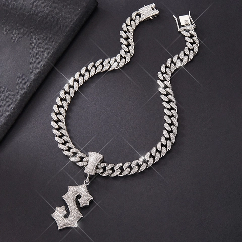 Hip Hop Iced Out Alphabet Buchstabe A S I Kreuz Anhänger Halskette Legierung Straßstein Cuban Link Kette Schmuck