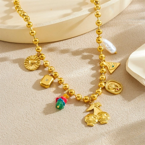Collar De Cuentas Doradas Acero Inoxidable Con Multi Dijes Cereza Calavera Perla Barroca Artificial Ojo Turco Bohemio Vintage Para Mujer