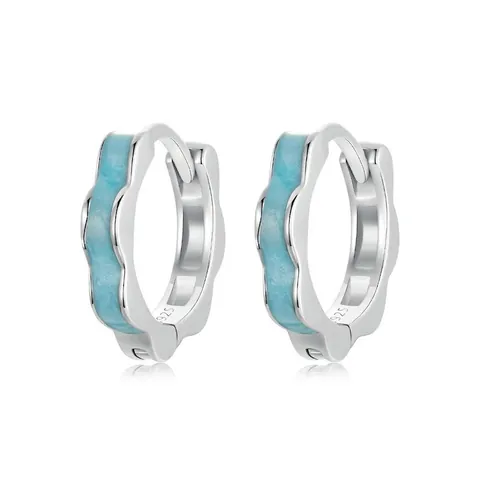 925 Sterling Silber Bogenschnitt Blau Emaille Huggie Hoop Ohrringe Minimalistisch Frisch Tropföl Welle Blume Rand Schmuck Für Damen