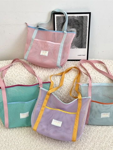Borsa Tote In Rete Grande Capacità Borsa A Tracolla In Poliestere Con Tasca Frontale Per Spiaggia Viaggi Shopping Minimalista