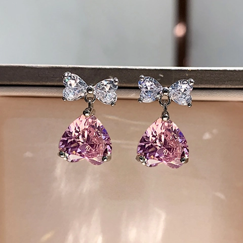 Orecchini Pendenti A Cuore Per Donna Fiocco Dolce Zircone Rosa Rame Stile Giapponese Accessorio Gioielli Regalo Quotidiano